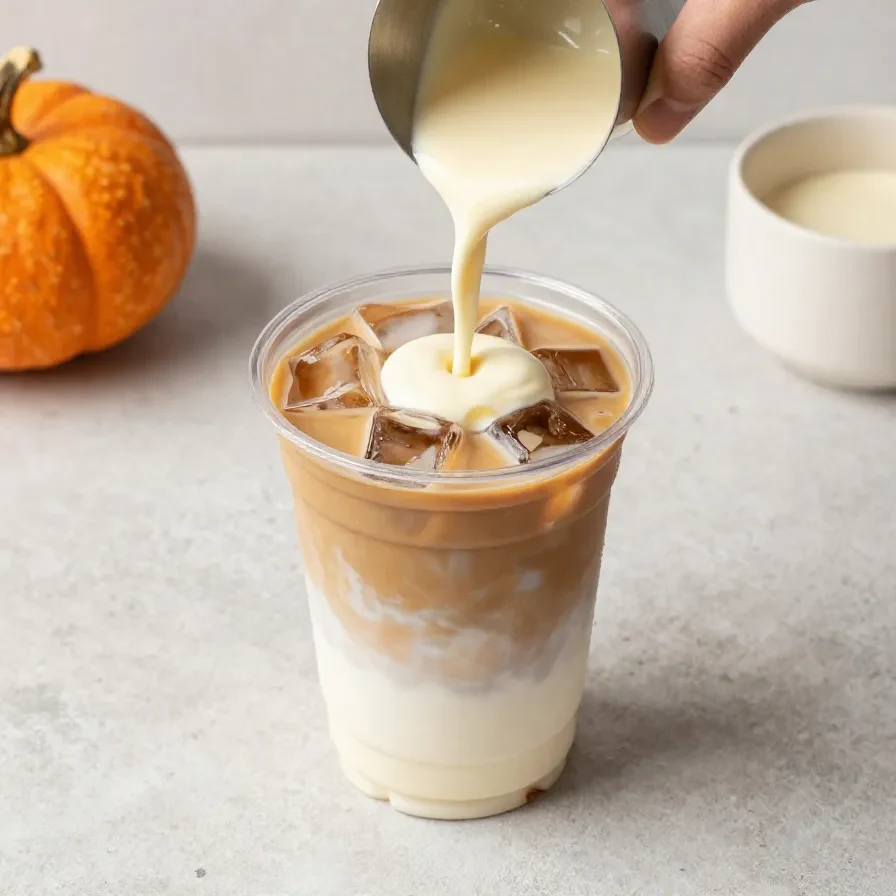 A glass of iced pumpkin chai latte with ice cubes, whipped cream, and cinnamon sprinkled on top, served on a kitchen table