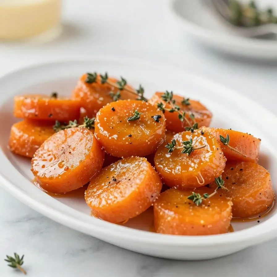 A bowl of glossy glazed carrots garnished with fresh parsley on a white serving plate.