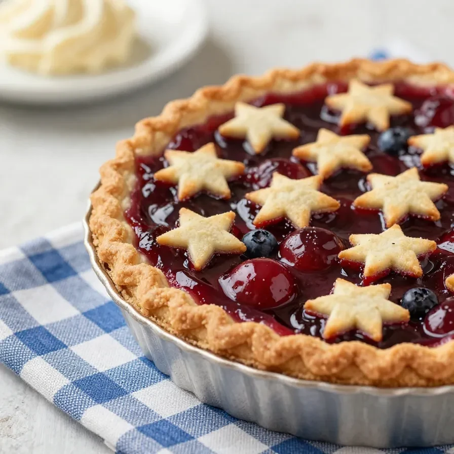 Fresh cherry and blueberry pie with a golden lattice crust on a rustic table