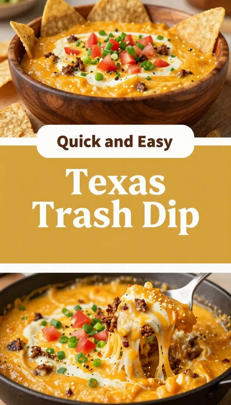 A baked Texas Trash Dip served in a skillet with melted cheese, beans, ground beef, and colorful toppings, with tortilla chips nearby.