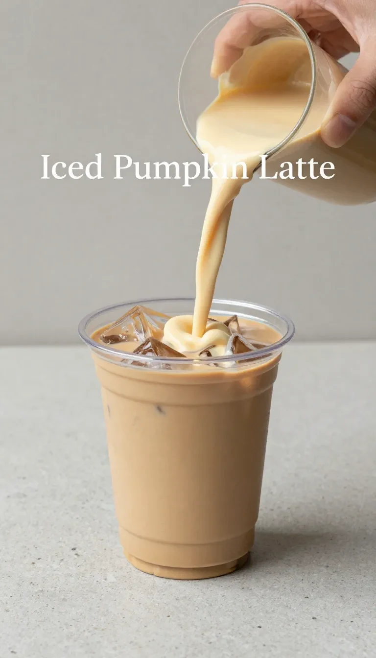 A glass of iced pumpkin chai latte with ice cubes, whipped cream, and cinnamon sprinkled on top, served on a kitchen table