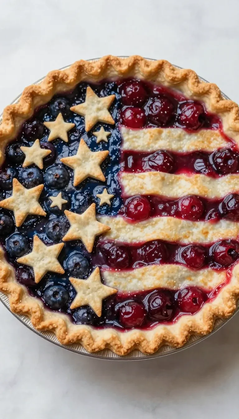 Fresh cherry and blueberry pie with a golden lattice crust on a rustic table