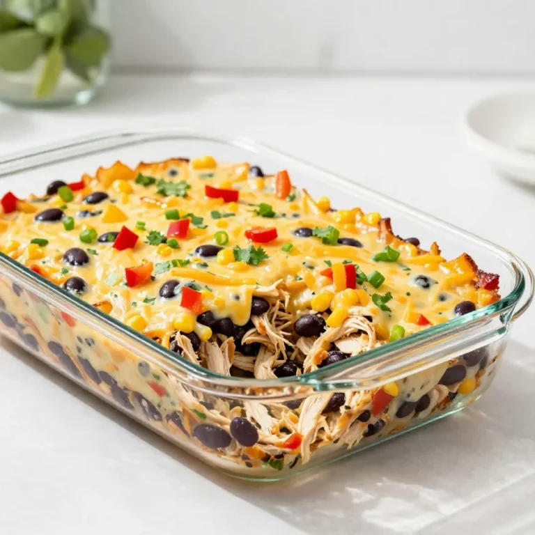 Easy Chicken Burrito Casserole A baked chicken burrito casserole topped with melted cheese, served in a casserole dish with fresh cilantro and sliced avocado on the side.
