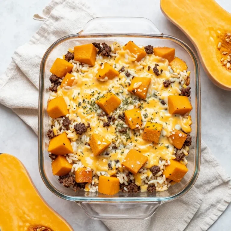 Butternut Squash Casserole With Rice & Ground Beef A baked butternut squash casserole with rice and ground beef served in a casserole dish.