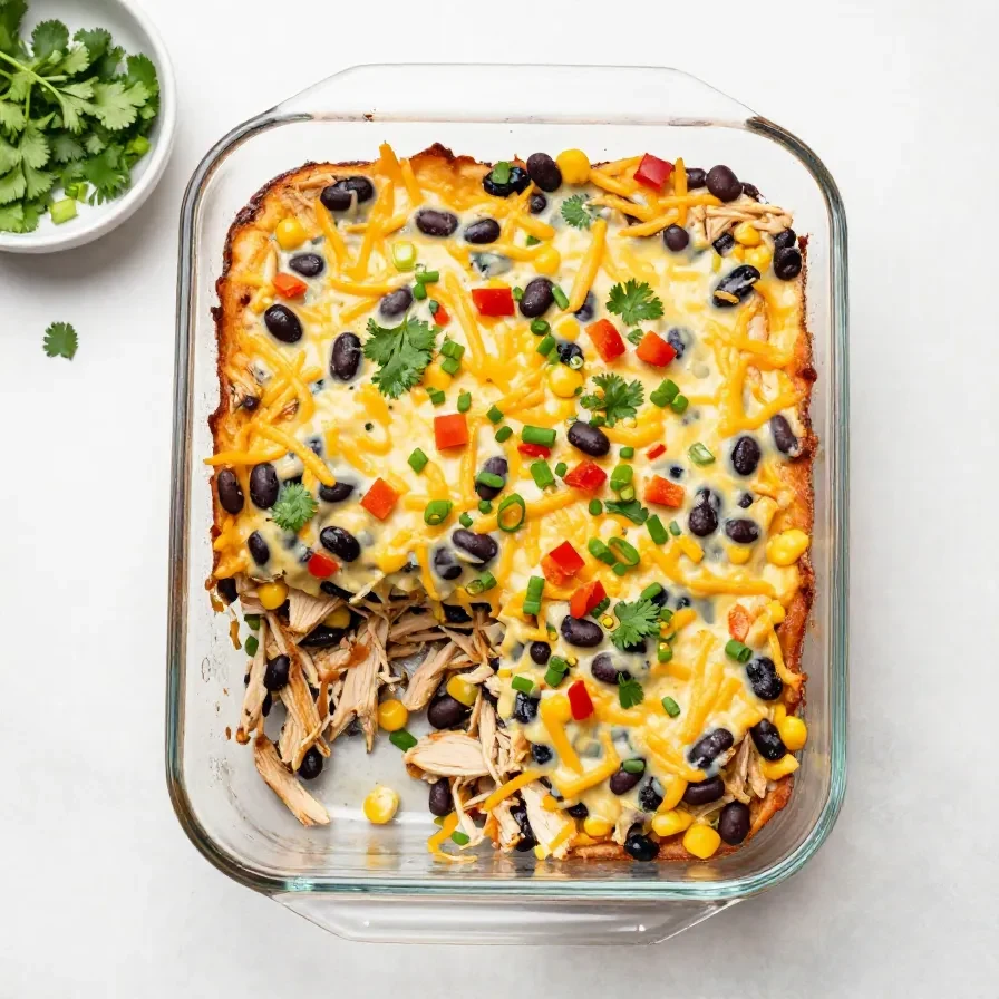 A baked chicken burrito casserole topped with melted cheese, served in a casserole dish with fresh cilantro and sliced avocado on the side.