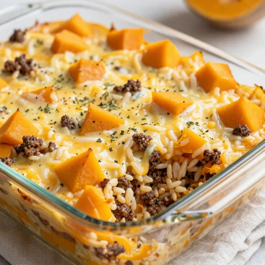A baked butternut squash casserole with rice and ground beef served in a casserole dish.