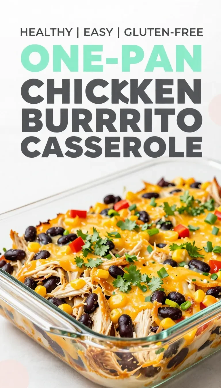 A baked chicken burrito casserole topped with melted cheese, served in a casserole dish with fresh cilantro and sliced avocado on the side.