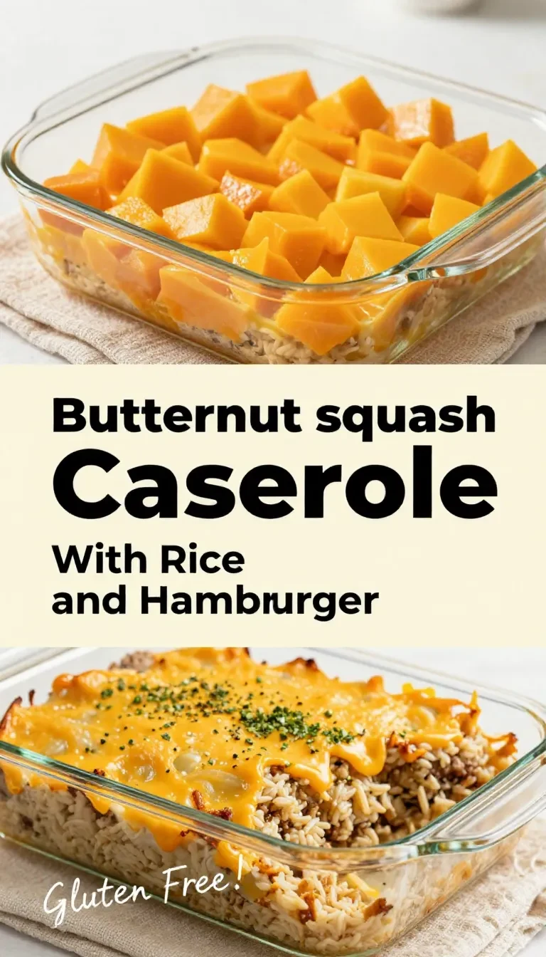 A baked butternut squash casserole with rice and ground beef served in a casserole dish.
