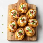 A loaded tater tot appetizer topped with melted cheese, bacon bits, sour cream, and chopped green onions on a serving tray.