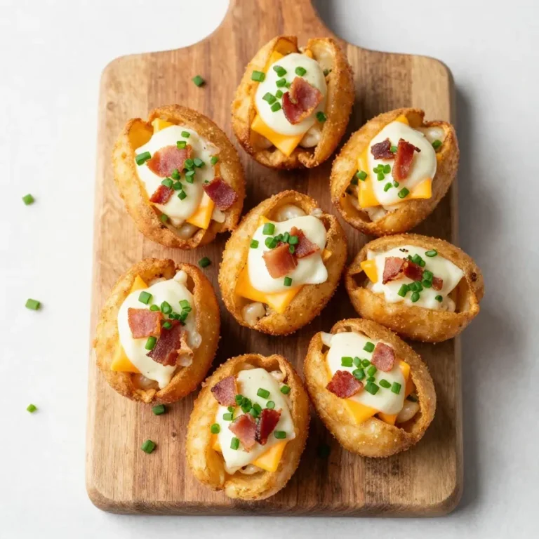 Loaded Tater Tot Appetizer Recipe A loaded tater tot appetizer topped with melted cheese, bacon bits, sour cream, and chopped green onions on a serving tray.