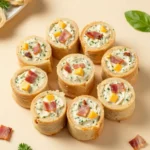 Bacon ranch pinwheels sliced into bite-sized pieces on a serving plate