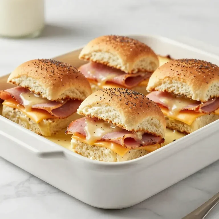 A tray of baked ham and cheese sliders with golden tops and melted cheese.
