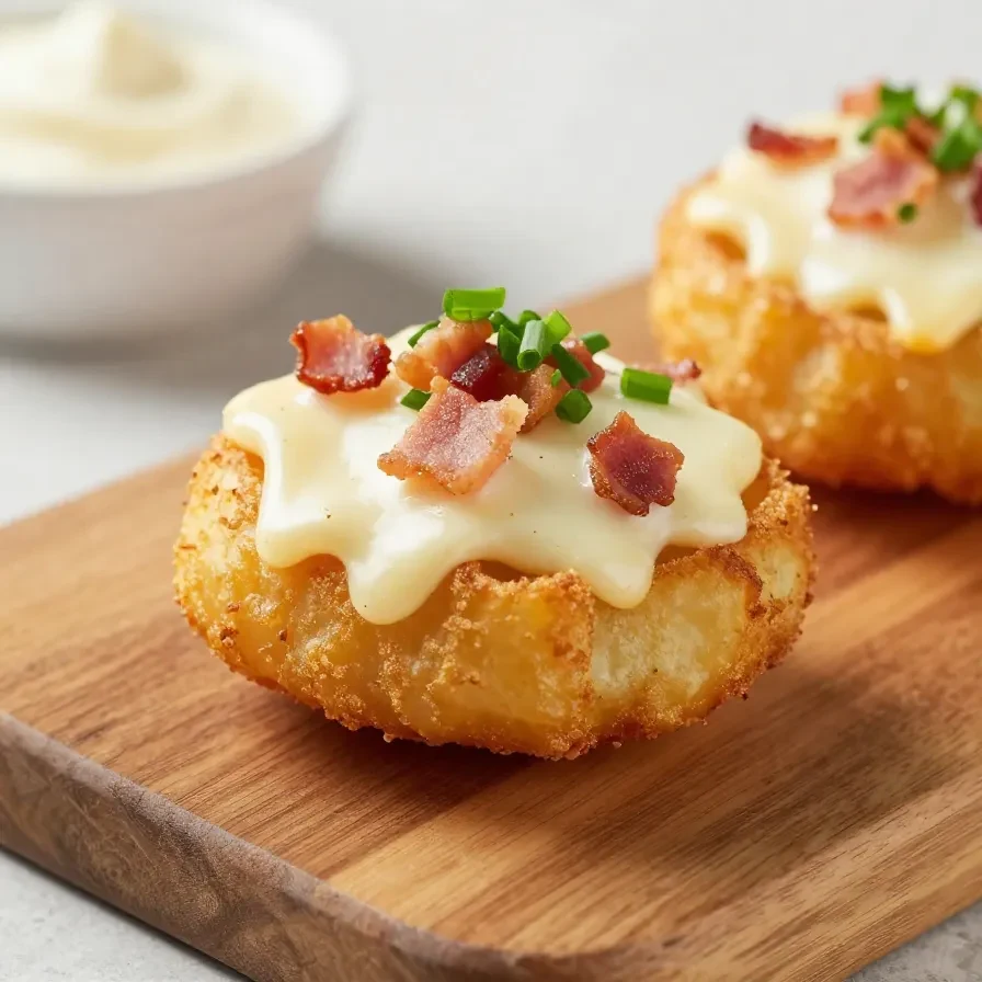 A loaded tater tot appetizer topped with melted cheese, bacon bits, sour cream, and chopped green onions on a serving tray.