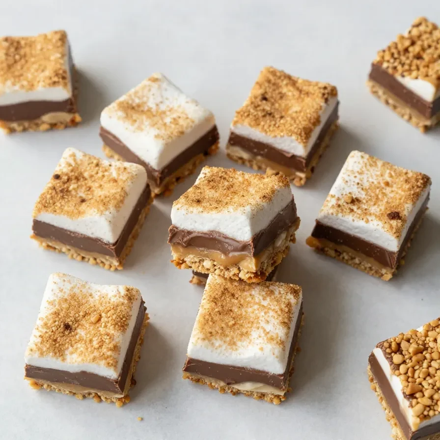 Close-up of homemade S'more bars with graham cracker crust, melted chocolate, and toasted marshmallows on top.