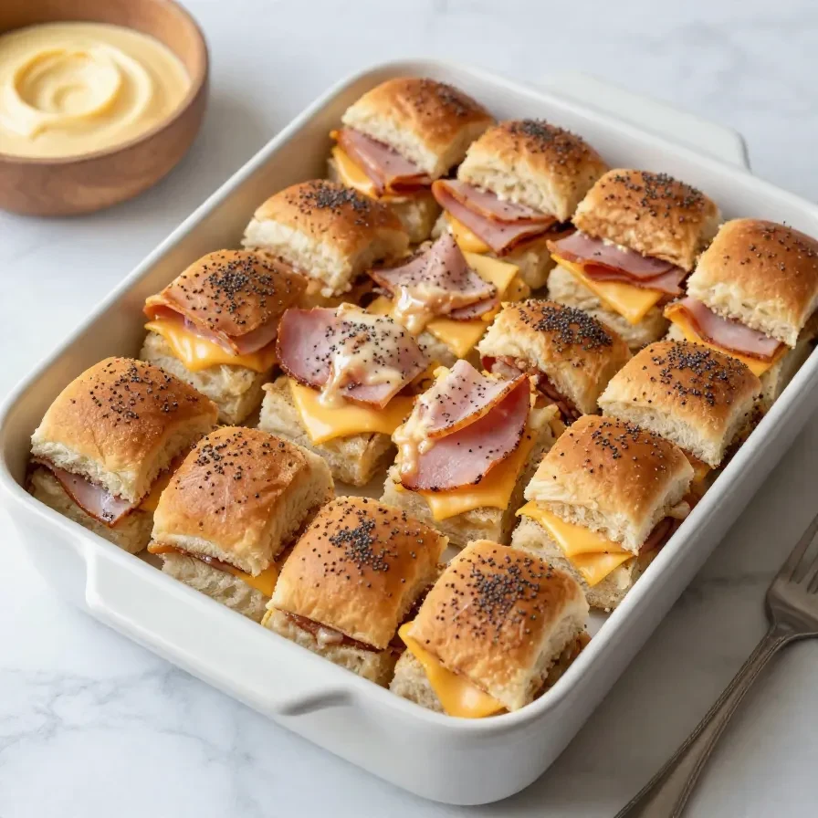 A tray of baked ham and cheese sliders with golden tops and melted cheese.