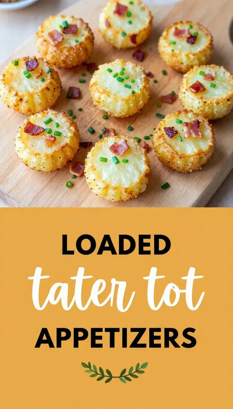 A loaded tater tot appetizer topped with melted cheese, bacon bits, sour cream, and chopped green onions on a serving tray.
