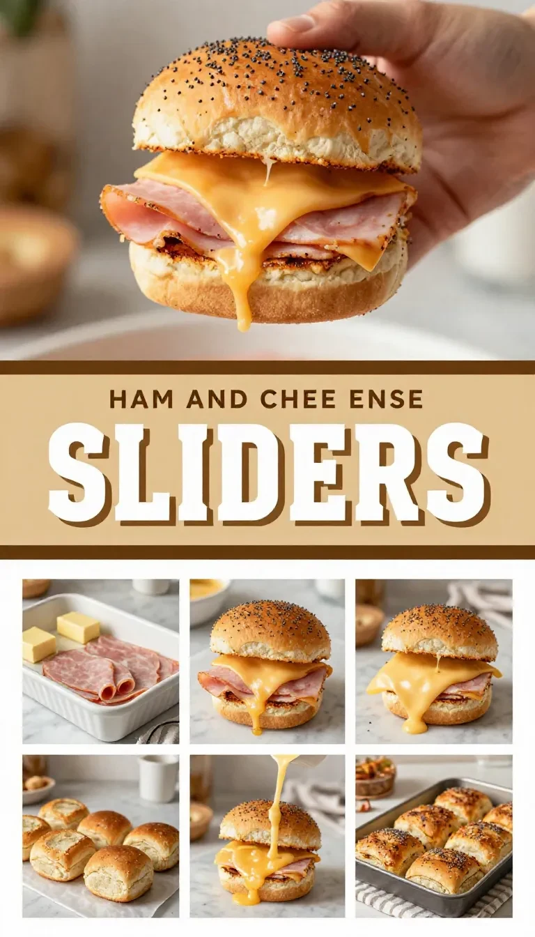 A tray of baked ham and cheese sliders with golden tops and melted cheese.