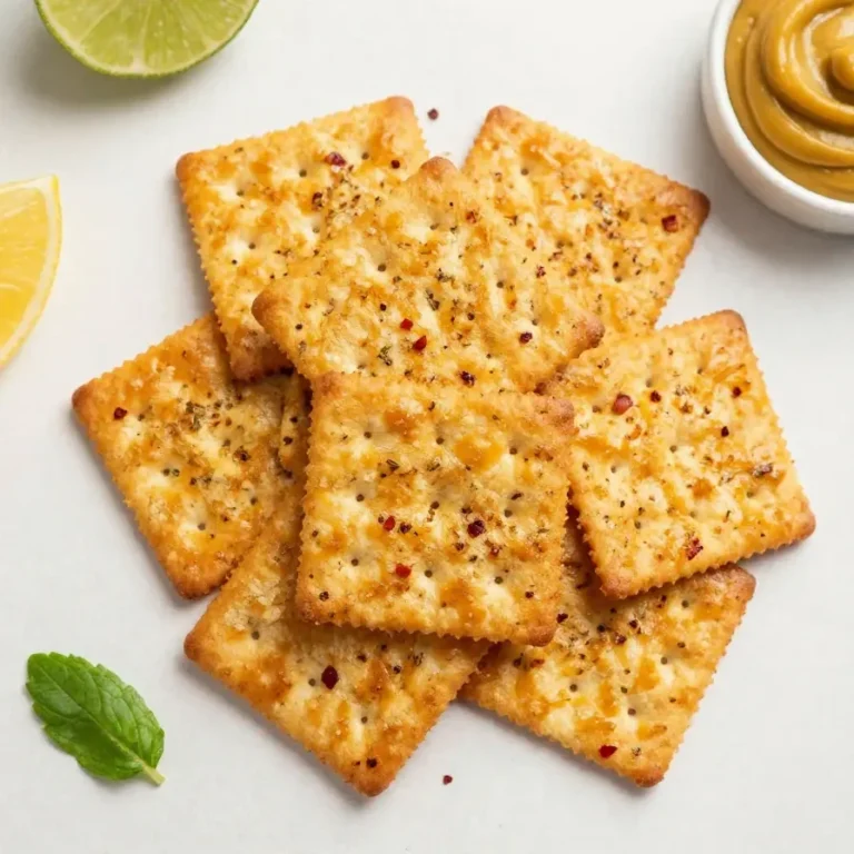 A bowl of spicy Southern fire crackers made from seasoned saltine crackers, coated with red pepper flakes and herbs, served on a rustic wooden table.