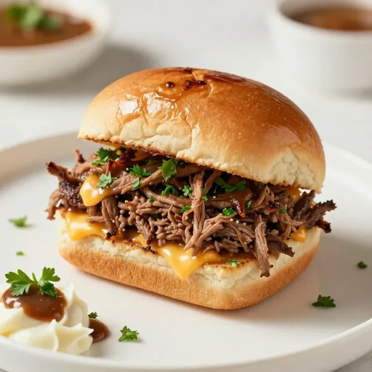Mini French dip sliders stacked on a plate with melted cheese and a side of au jus for dipping