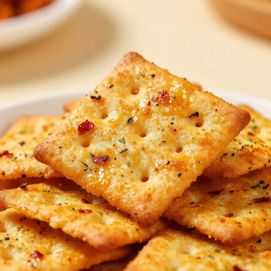 A bowl of spicy Southern fire crackers made from seasoned saltine crackers, coated with red pepper flakes and herbs, served on a rustic wooden table.