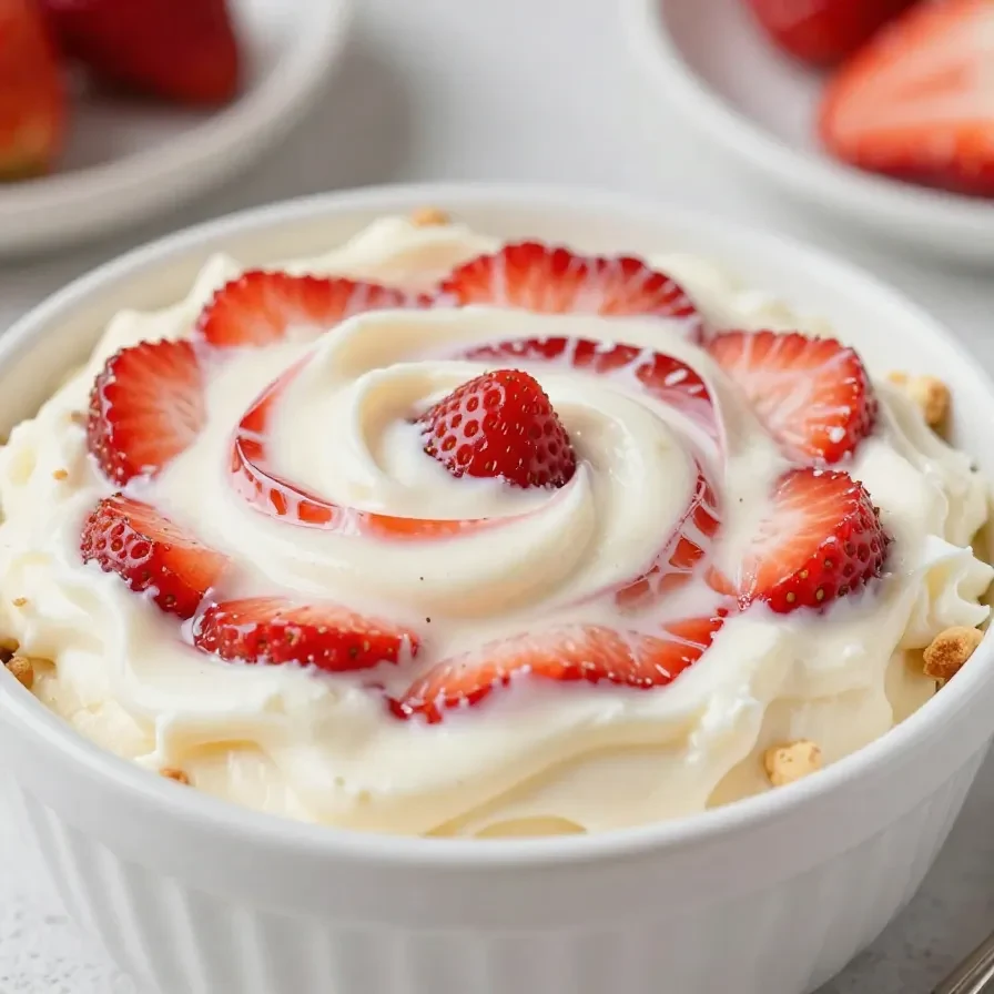 A creamy strawberry cheesecake dip served in a bowl with fresh strawberries and graham crackers for dipping.