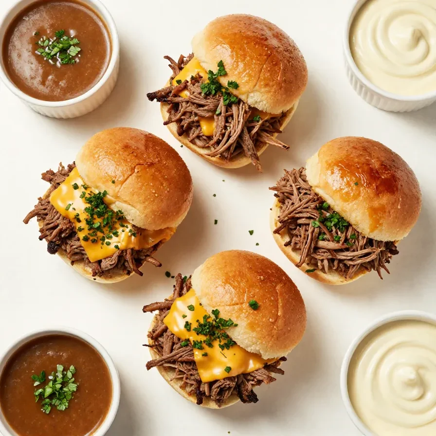 Mini French dip sliders stacked on a plate with melted cheese and a side of au jus for dipping