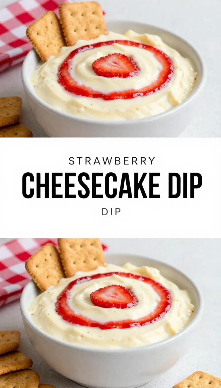 A creamy strawberry cheesecake dip served in a bowl with fresh strawberries and graham crackers for dipping.