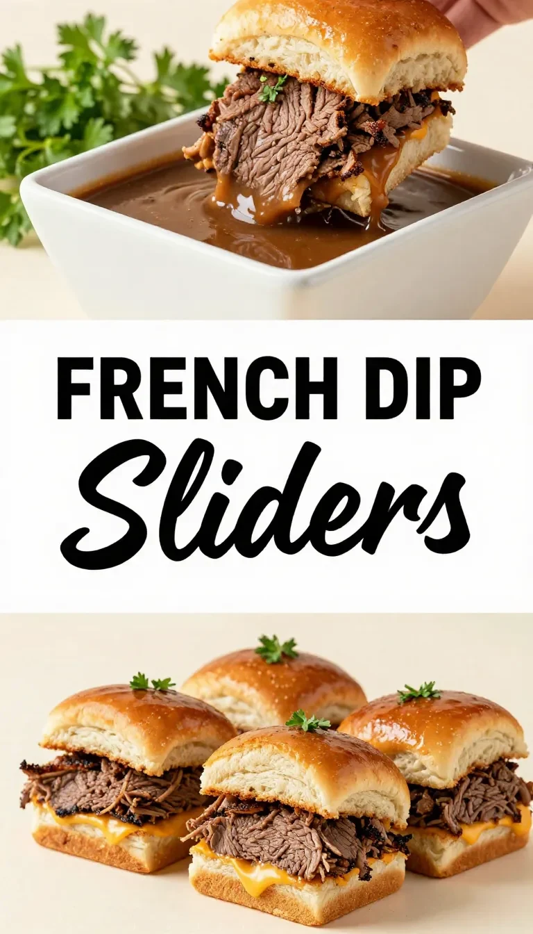 Mini French dip sliders stacked on a plate with melted cheese and a side of au jus for dipping