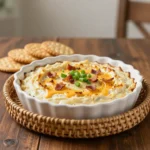 Creamy smoked Gouda bacon dip served in a bowl with crispy bacon bits and crackers on the side