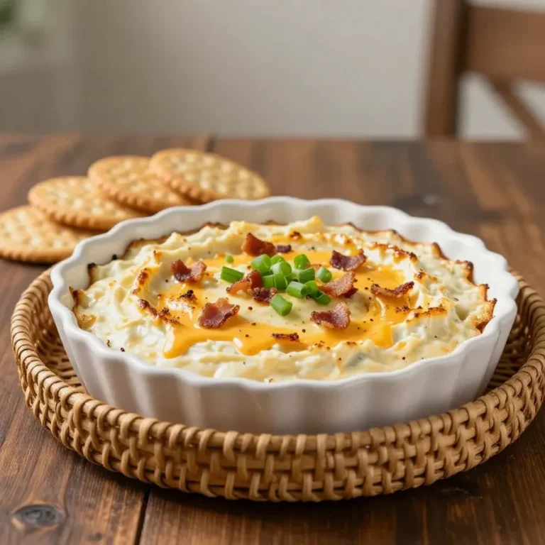 Creamy smoked Gouda bacon dip served in a bowl with crispy bacon bits and crackers on the side