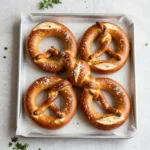 Freshly baked garlic Parmesan soft pretzels topped with grated cheese and herbs on a cooling rack