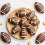 Retro chocolate peanut butter buckeyes arranged like footballs for a Super Bowl party dessert platter