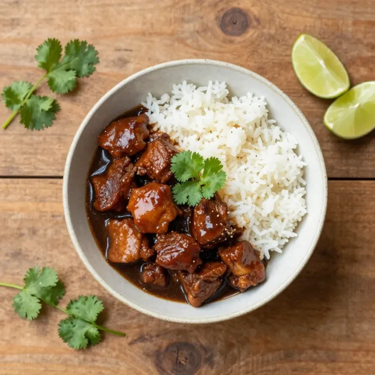 Carne Adovada: A Flavorful New Mexico Classic A bowl of Carne Adovada with red chile sauce, served with rice and warm tortillas