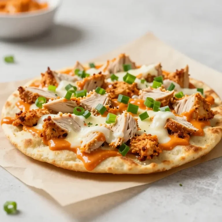 Buffalo chicken flatbread topped with shredded chicken, melted cheese, and drizzled buffalo sauce on a baking tray.