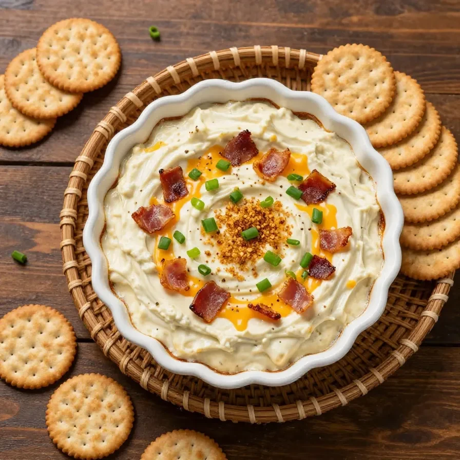Creamy smoked Gouda bacon dip served in a bowl with crispy bacon bits and crackers on the side