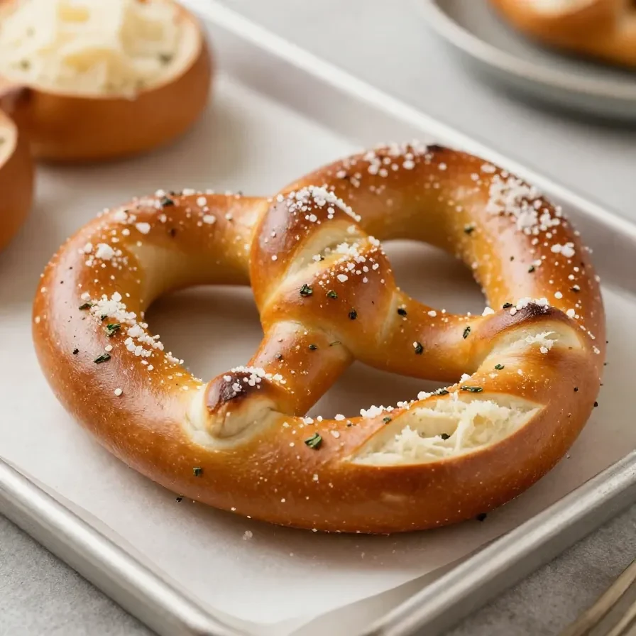 Freshly baked garlic Parmesan soft pretzels topped with grated cheese and herbs on a cooling rack