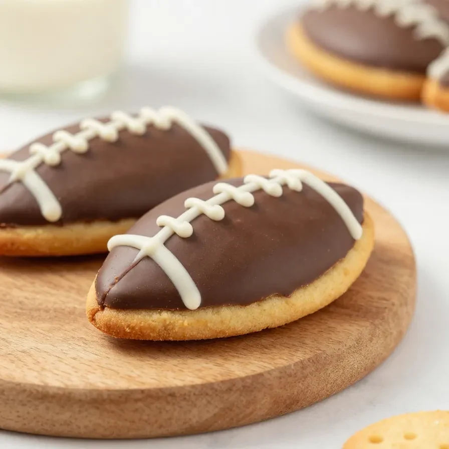 Retro chocolate peanut butter buckeyes arranged like footballs for a Super Bowl party dessert platter