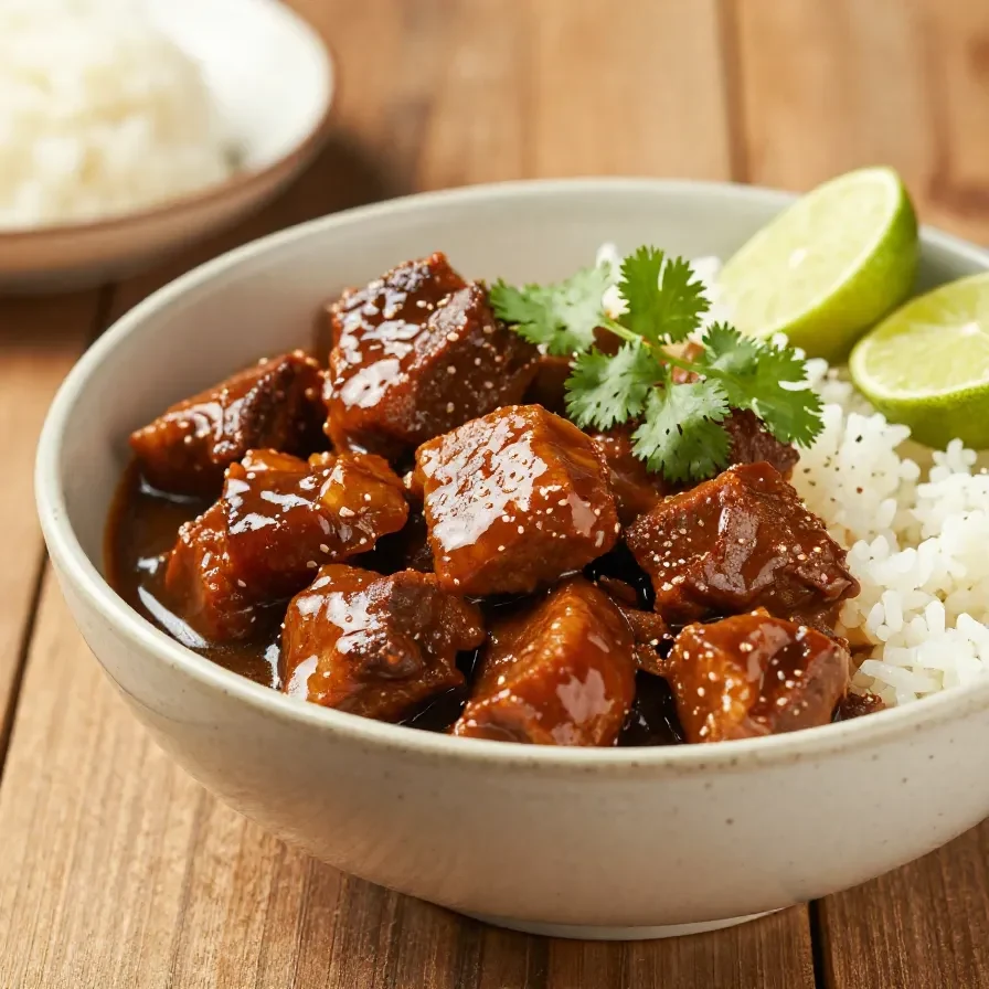 A bowl of Carne Adovada with red chile sauce, served with rice and warm tortillas