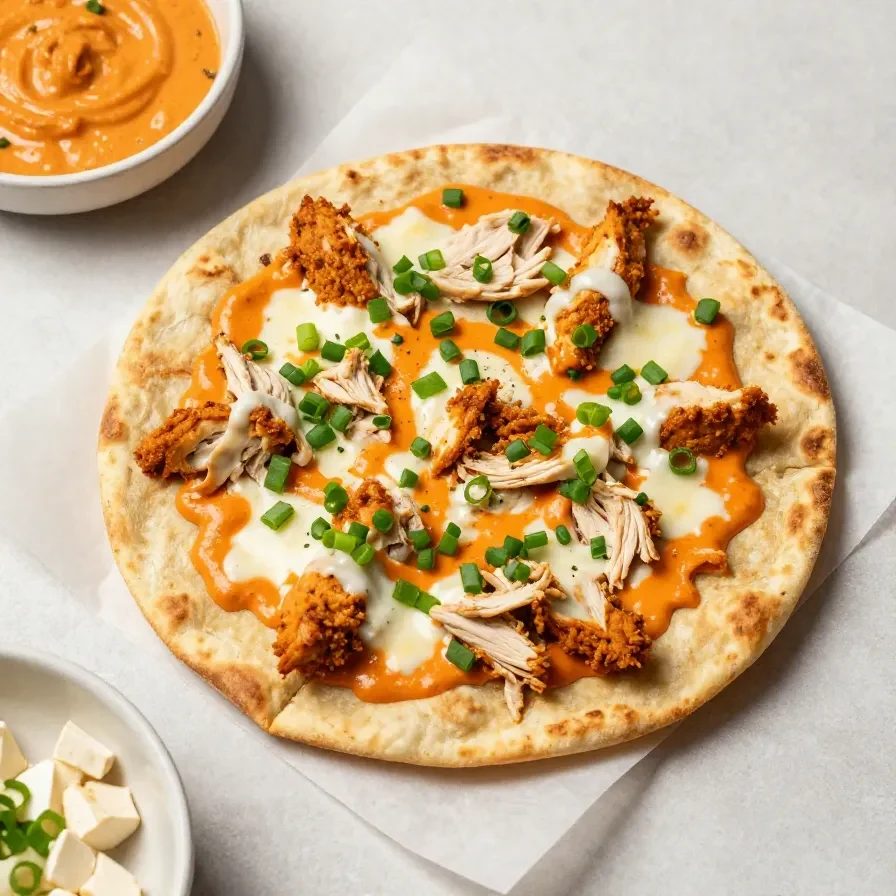 Buffalo chicken flatbread topped with shredded chicken, melted cheese, and drizzled buffalo sauce on a baking tray.