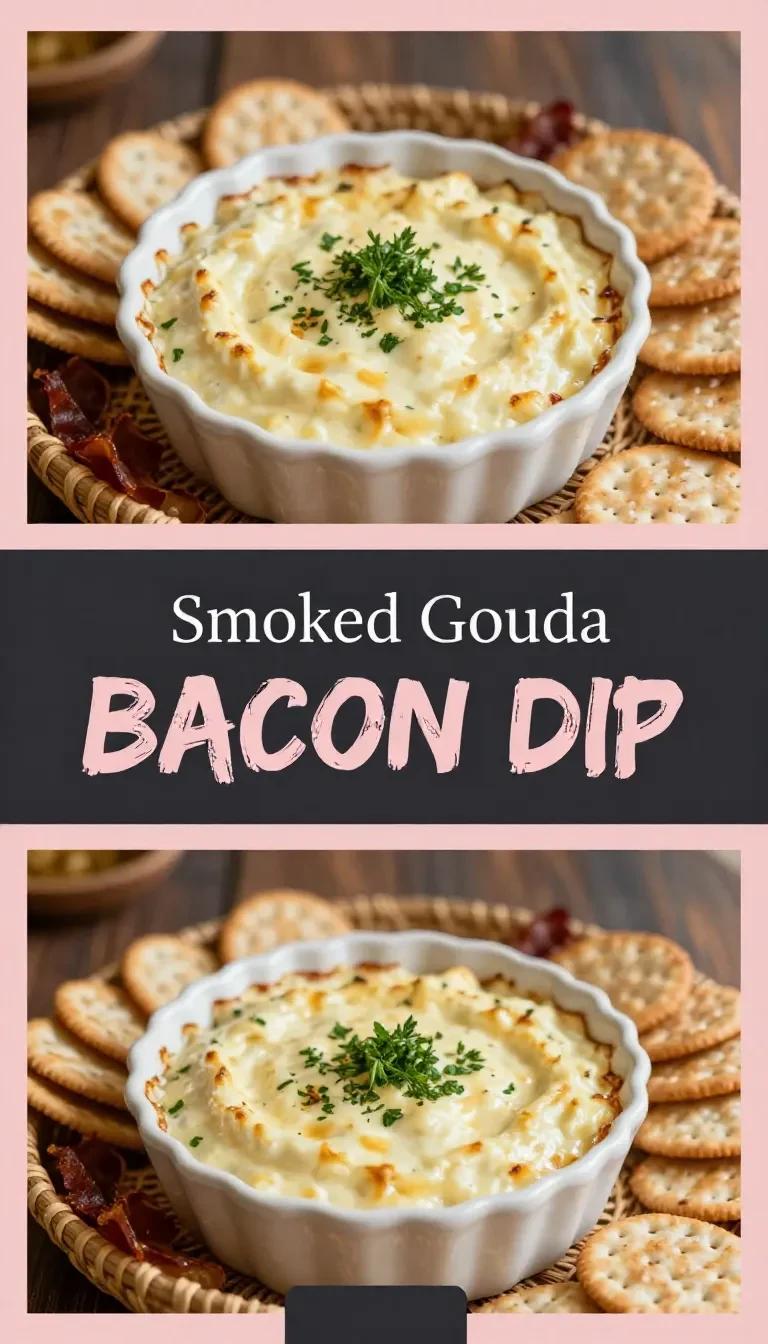Creamy smoked Gouda bacon dip served in a bowl with crispy bacon bits and crackers on the side