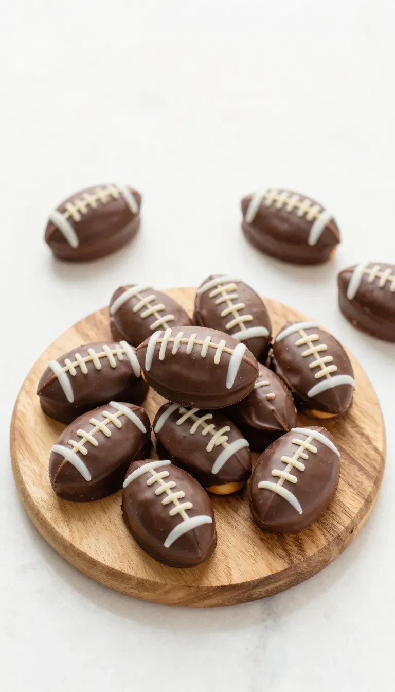 Retro chocolate peanut butter buckeyes arranged like footballs for a Super Bowl party dessert platter