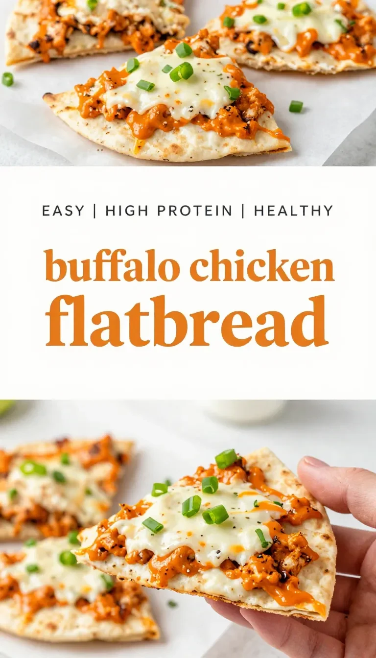 Buffalo chicken flatbread topped with shredded chicken, melted cheese, and drizzled buffalo sauce on a baking tray.