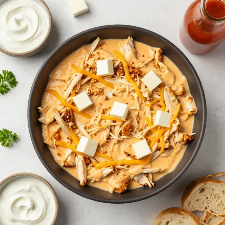 Crockpot Buffalo Chicken Dip A bowl of creamy Crockpot Buffalo Chicken Dip topped with chopped green onions and served with celery sticks and tortilla chips