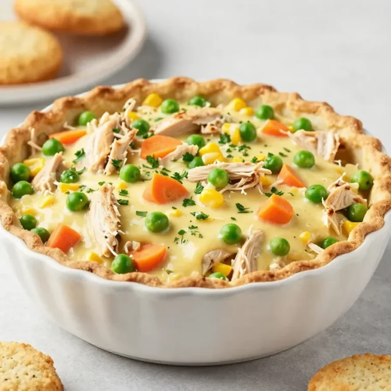 A creamy crock pot chicken pot pie filling with tender chicken, carrots, peas, and potatoes served in a bowl.
