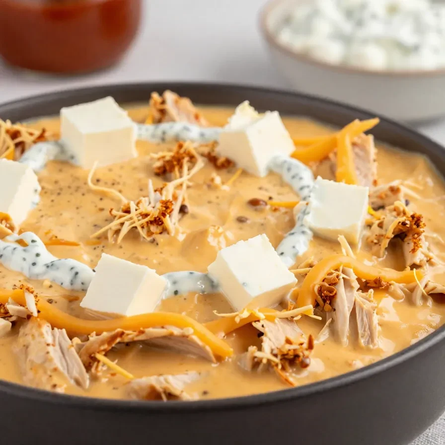 A bowl of creamy Crockpot Buffalo Chicken Dip topped with chopped green onions and served with celery sticks and tortilla chips