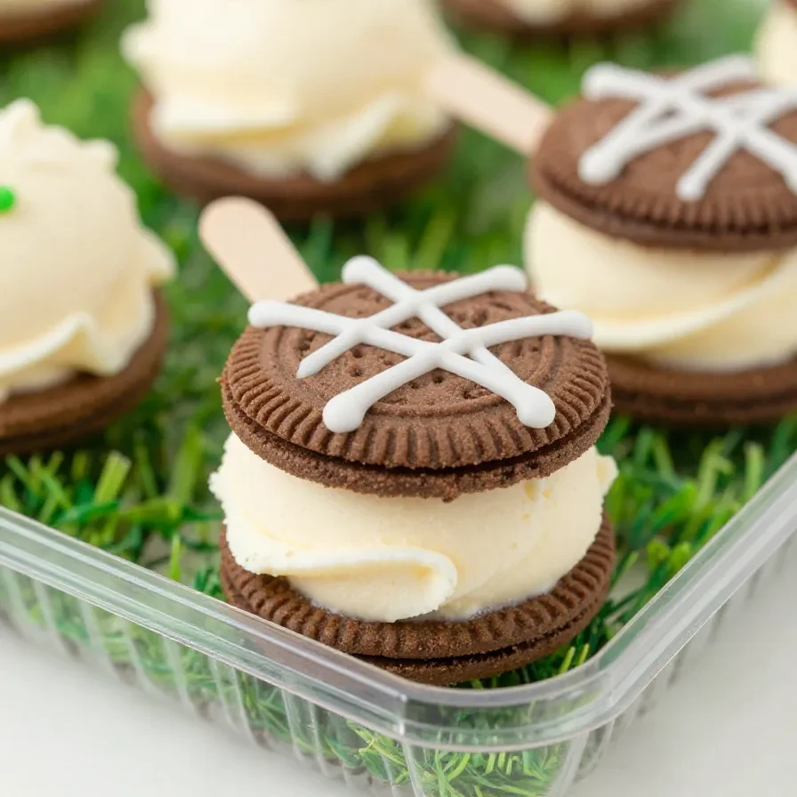Football-themed ice cream sandwiches decorated for a party dessert table