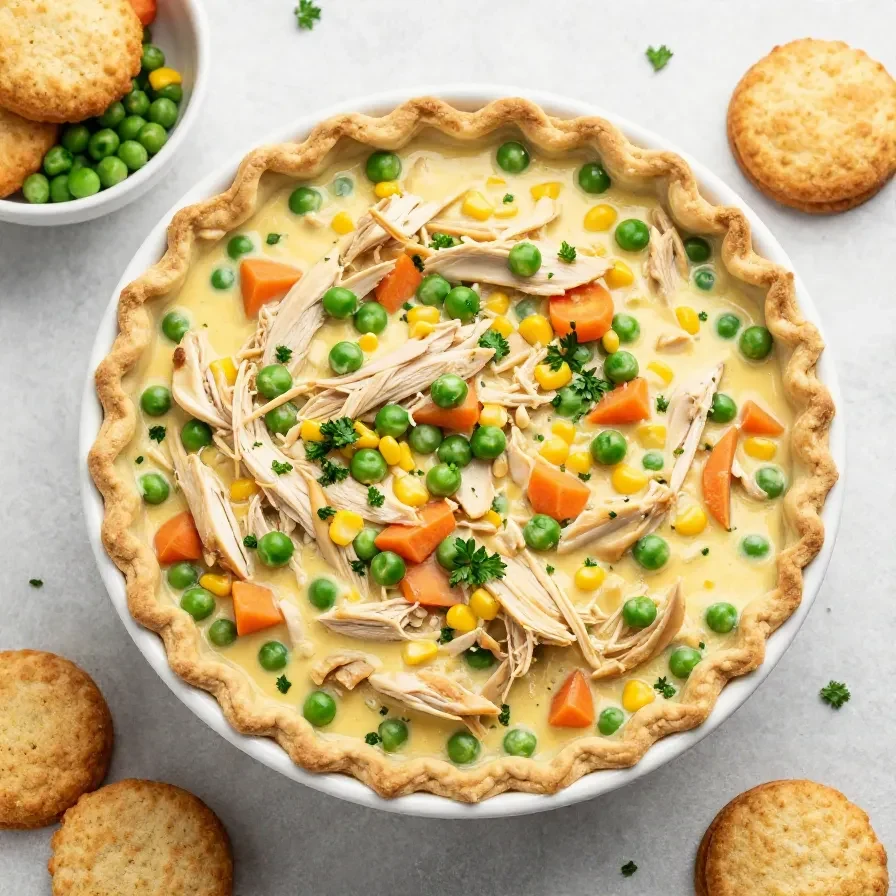 A creamy crock pot chicken pot pie filling with tender chicken, carrots, peas, and potatoes served in a bowl.