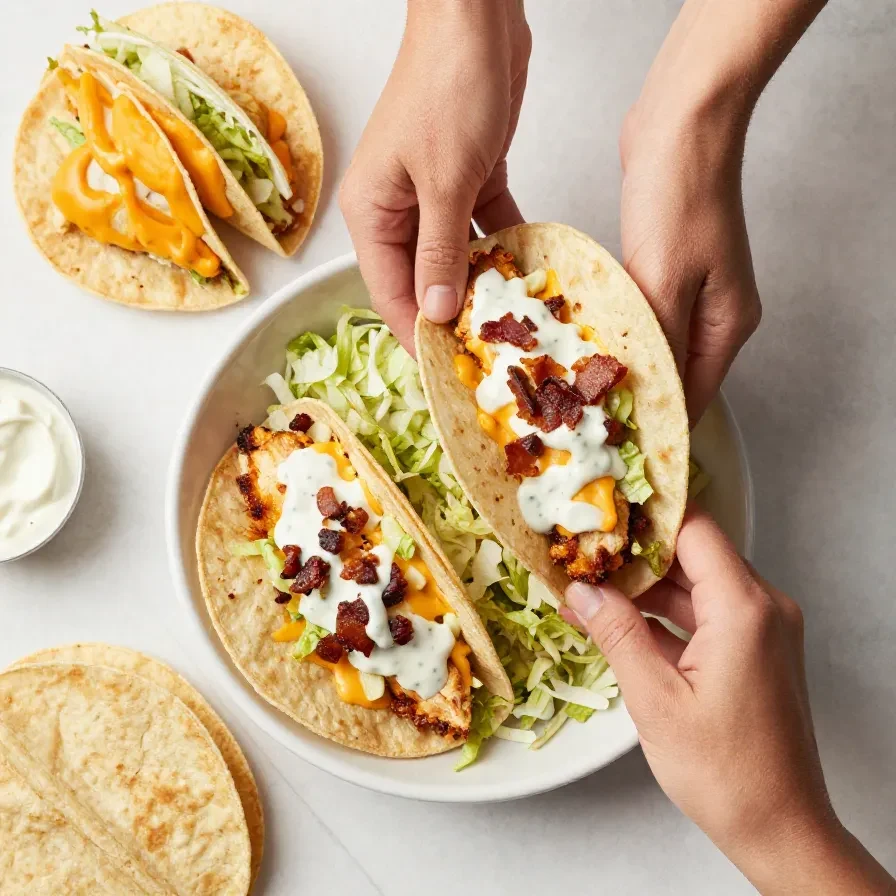 Cheesy oven-crispy chicken bacon ranch tacos topped with melted cheese and fresh herbs on a serving plate
