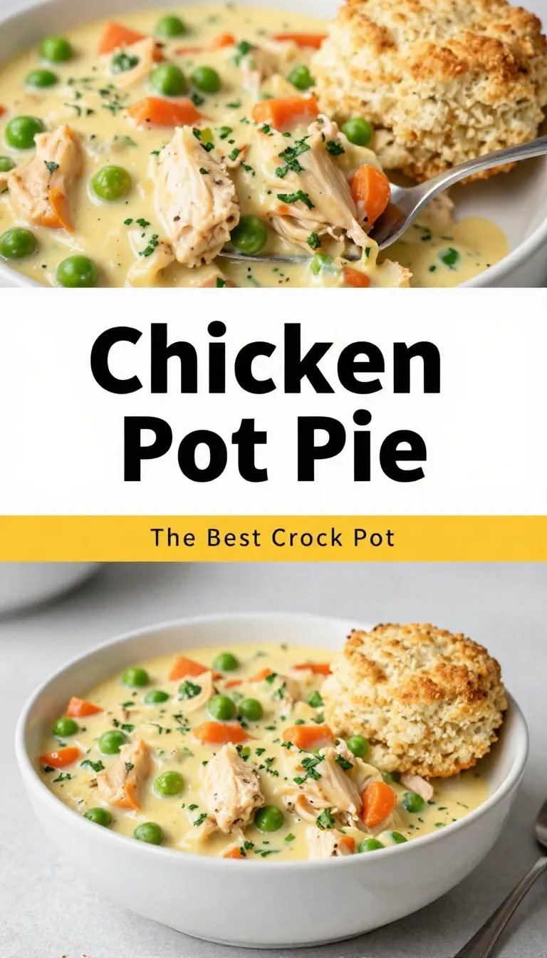 A creamy crock pot chicken pot pie filling with tender chicken, carrots, peas, and potatoes served in a bowl.