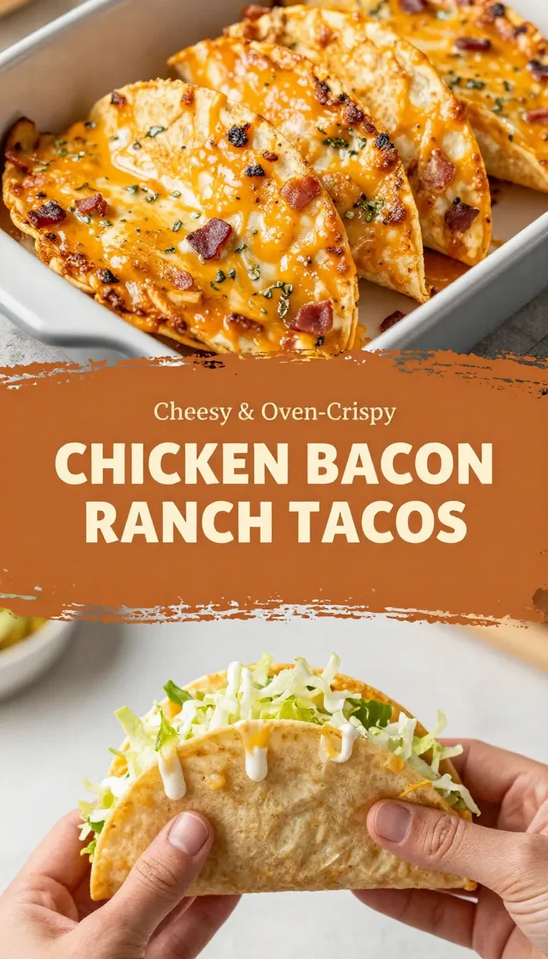 Cheesy oven-crispy chicken bacon ranch tacos topped with melted cheese and fresh herbs on a serving plate